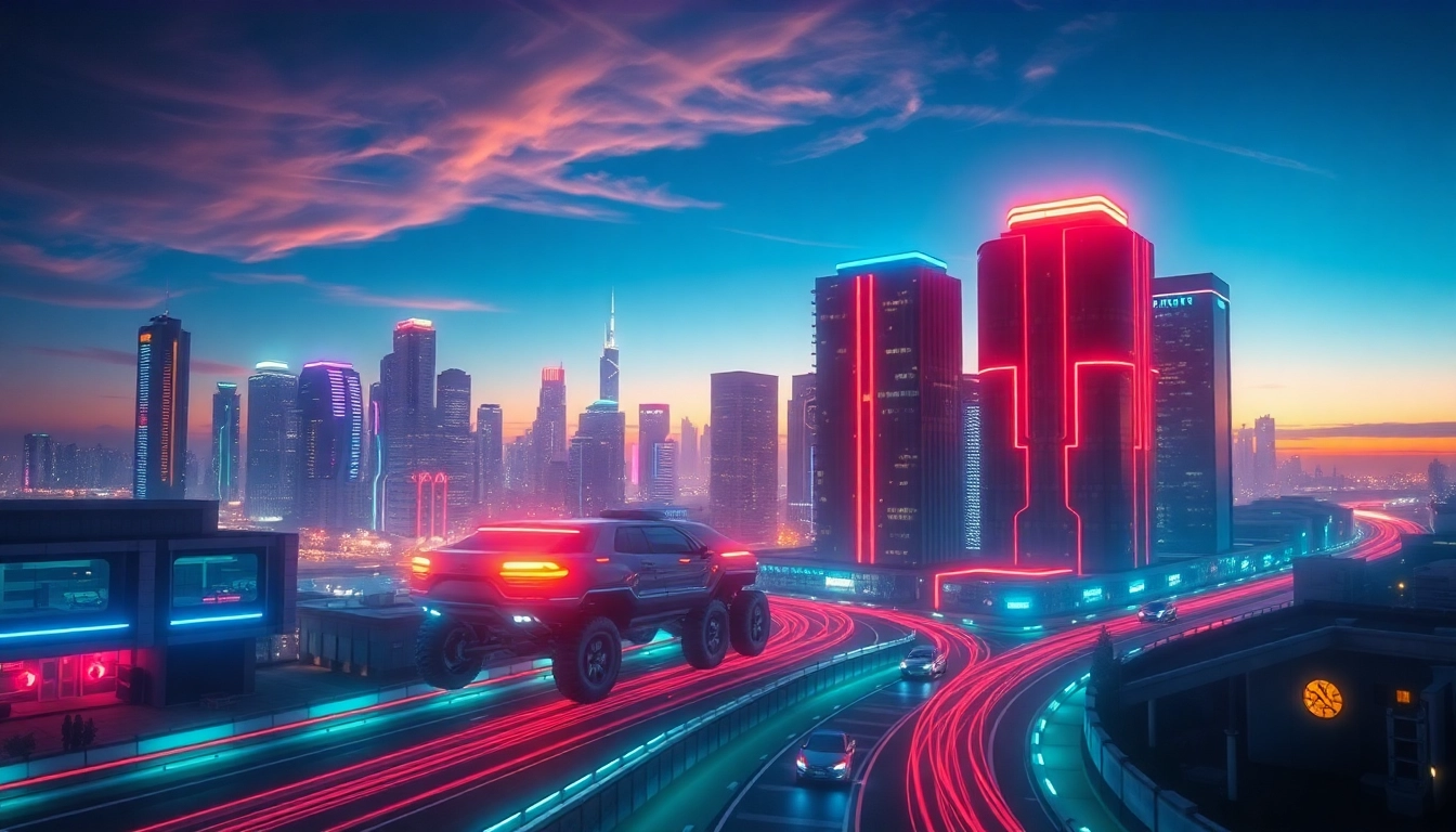 Showcasing innovative technology amidst a futuristic city skyline at dusk, featuring bright neon colors.