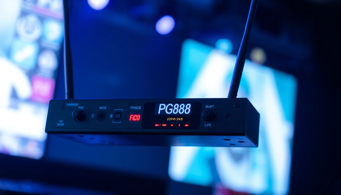 PG88 wireless microphone receiver with LED indicators and antennas, ideal for professional audio setups, shown on stage equipment.