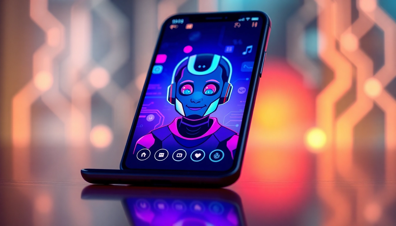 Smartphone displaying an AI chatbot interface with customizable character features in a modern, ambient-lit environment.