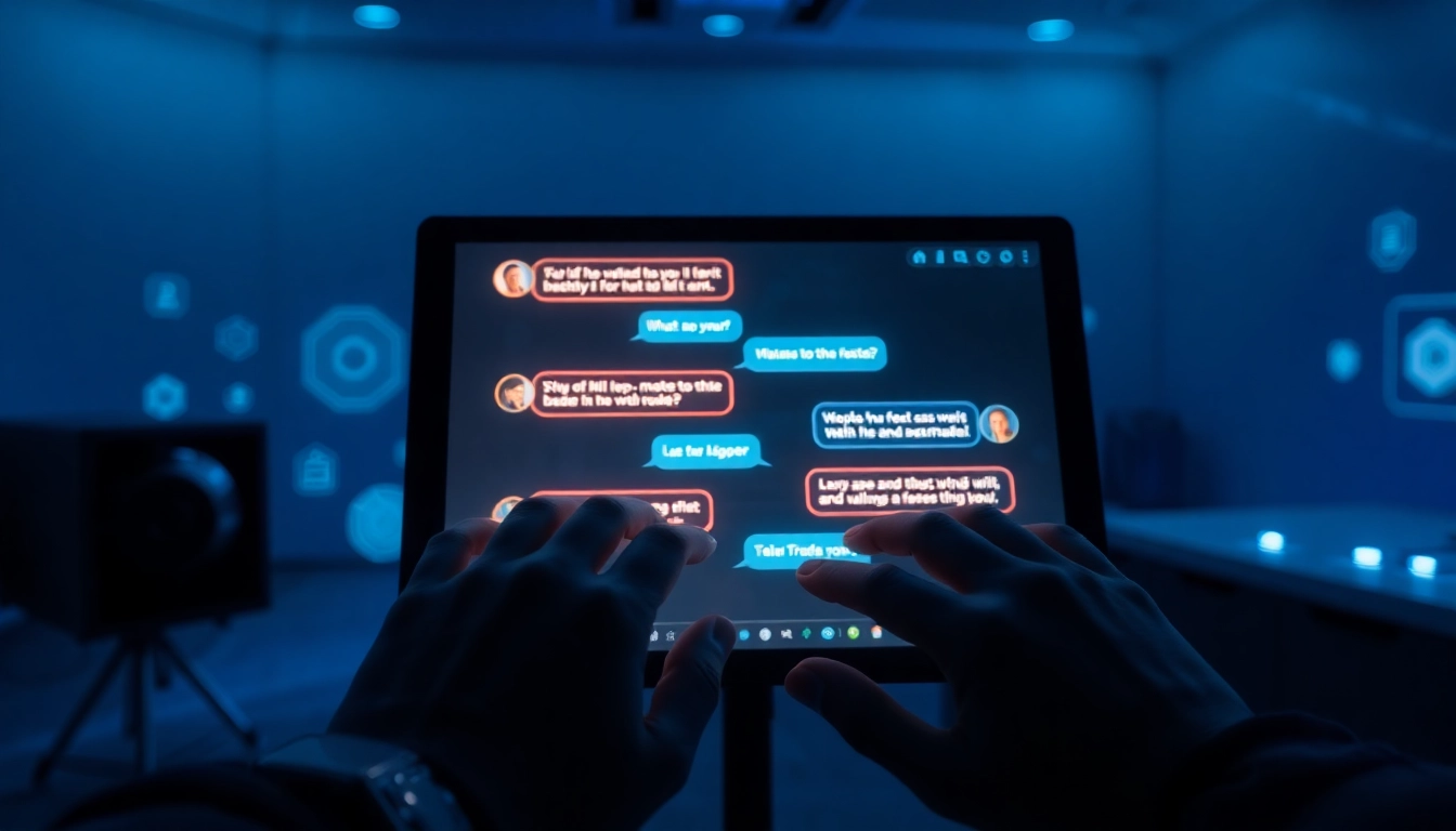 Close-up of a user engaging with a chatbot on a digital device in a futuristic, dimly lit setting.