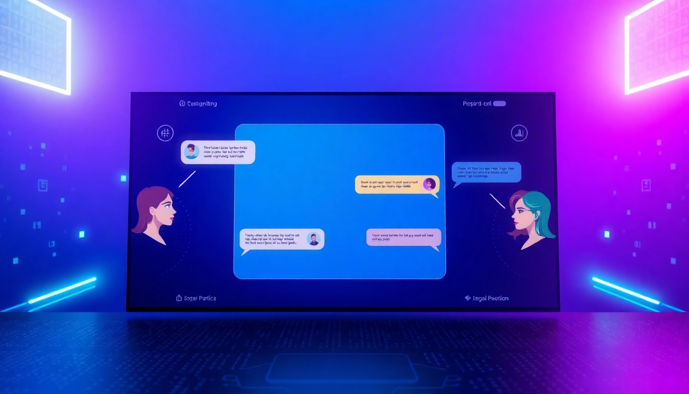 Digital chat interface with colorful AI characters and glowing text bubbles on a futuristic background.