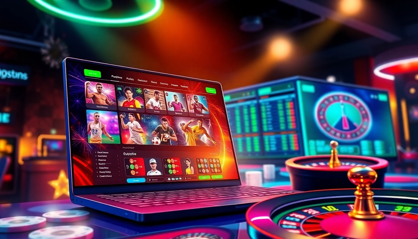 An illustration of a lively online sportsbook and casino platform with vibrant colors and neon lighting.
