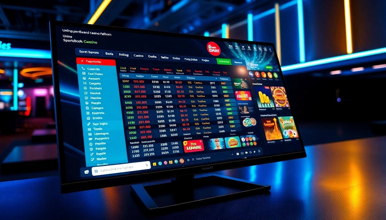 An online sportsbook and casino platform with betting odds and game icons displayed on a digital screen.