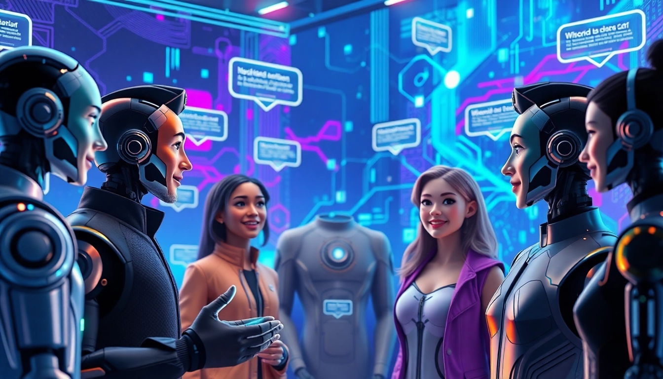 Futuristic digital scene with diverse AI characters engaging in conversation in a high-tech virtual environment.