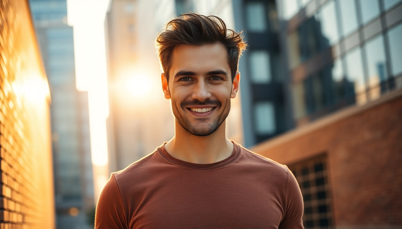 A confident middle-aged man smiling outdoors with city buildings in the background during golden hour.
