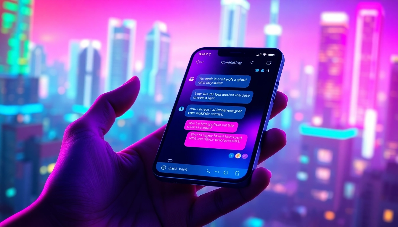 Futuristic smartphone displaying an AI chat interface with neon lights and cyberpunk city background.