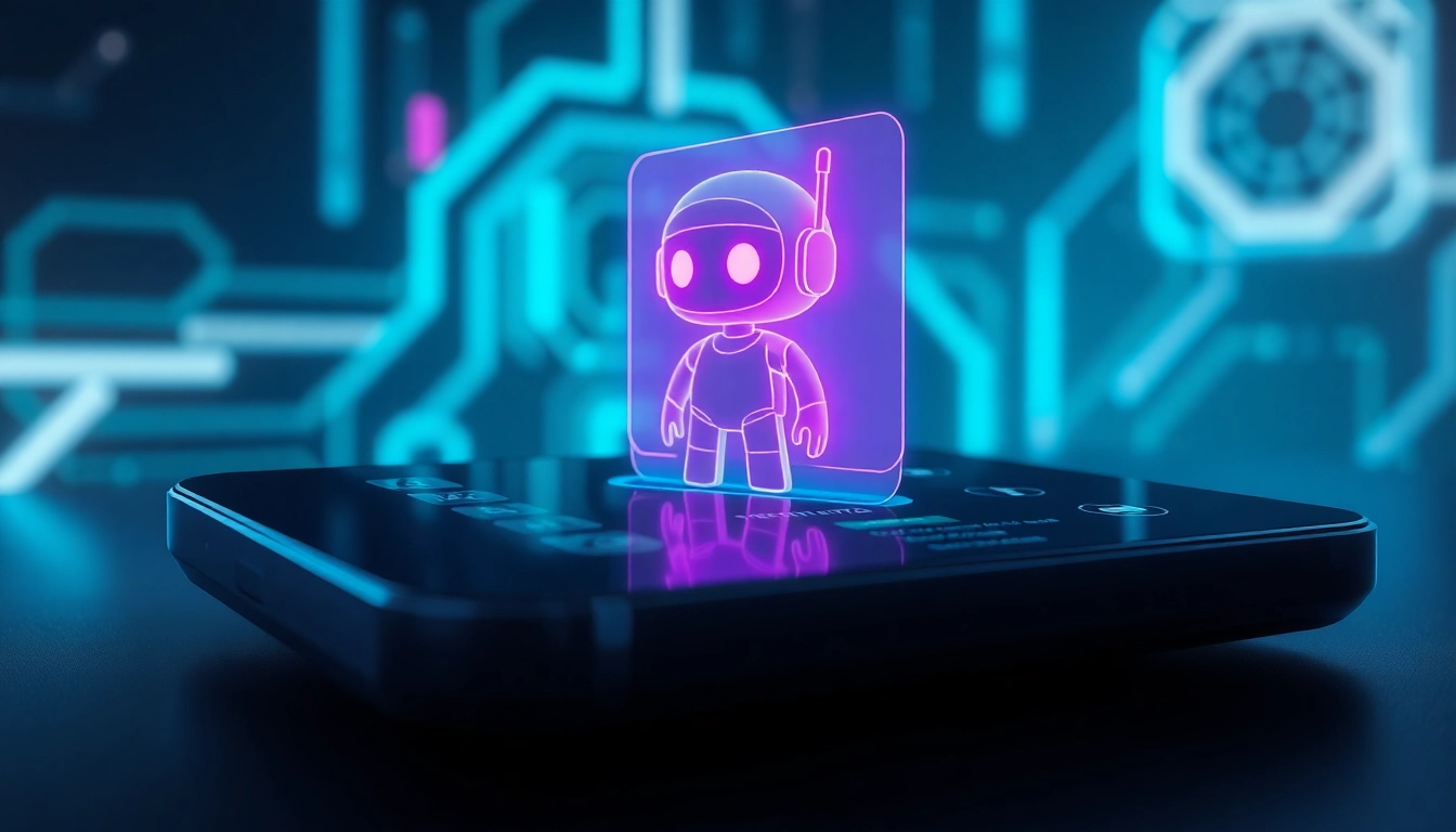 Futuristic AI chatbot interface with holographic character on a high-tech device screen, glowing neon accents and cyberpunk aesthetic.