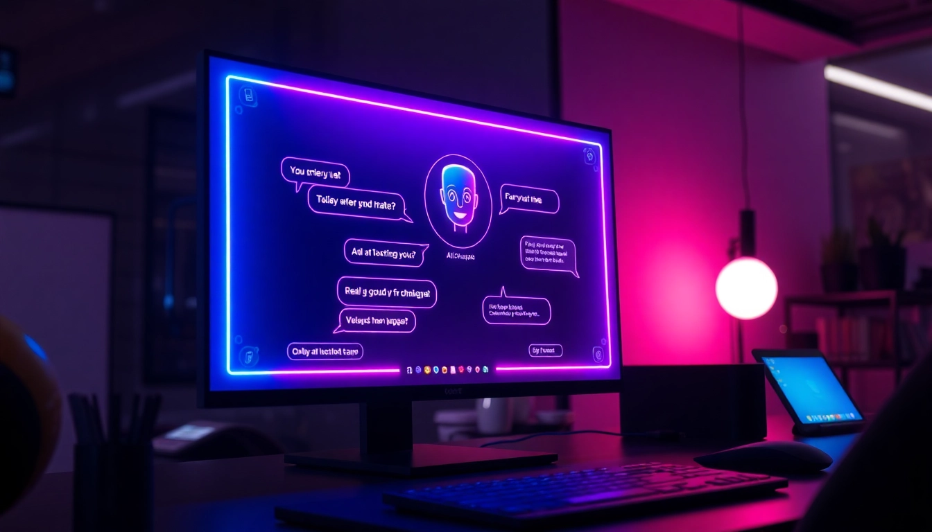 Futuristic digital interface showcasing an AI chatbot with vibrant neon colors and holographic elements in a modern workspace.
