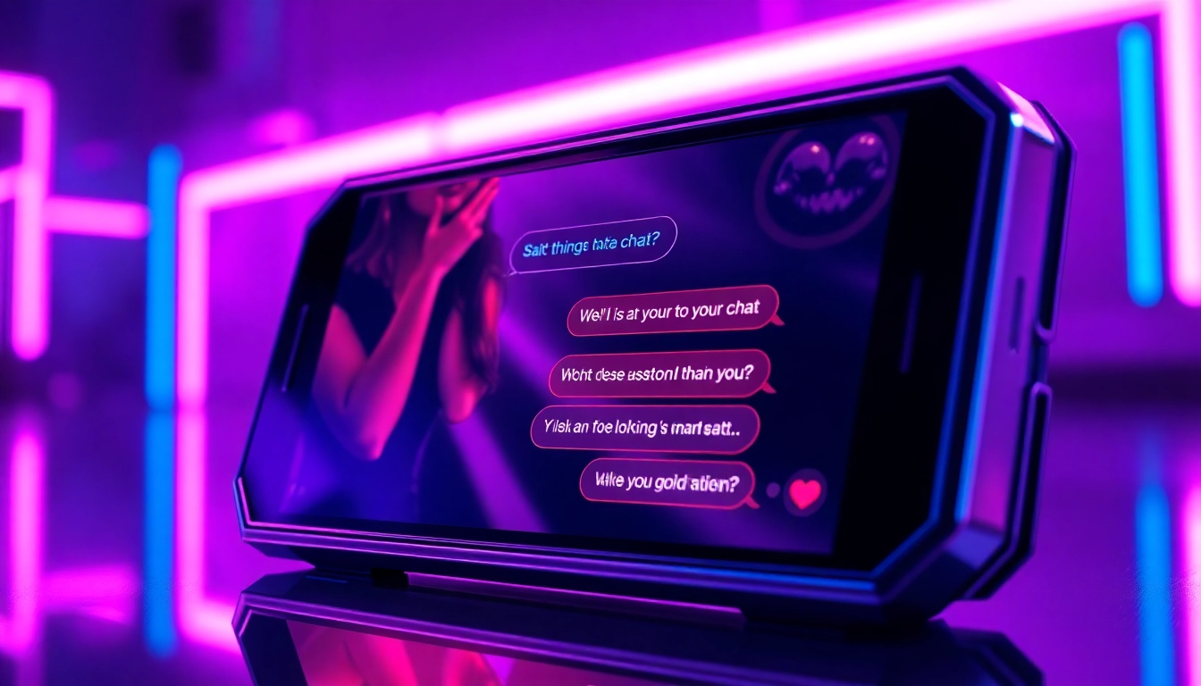 Futuristic AI chat interface with neon lights and adult-themed visuals on a high-tech device screen.