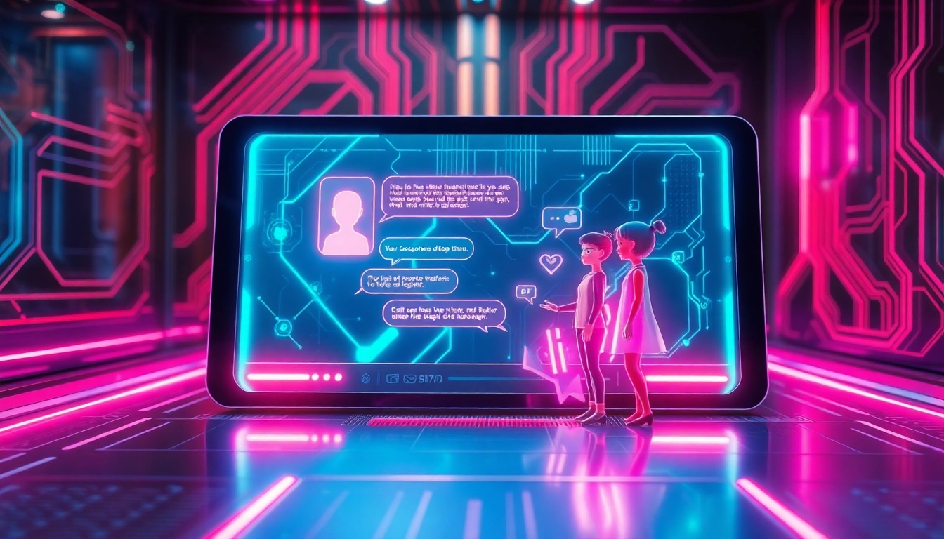 Futuristic AI chat interface with holographic characters in a high-tech digital environment.