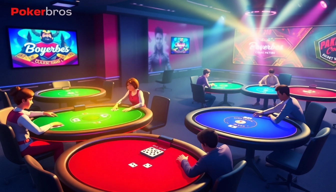 Online poker players enjoying Pokerbros clubs in a lively, high-energy digital environment with bright colors and engaging gameplay.