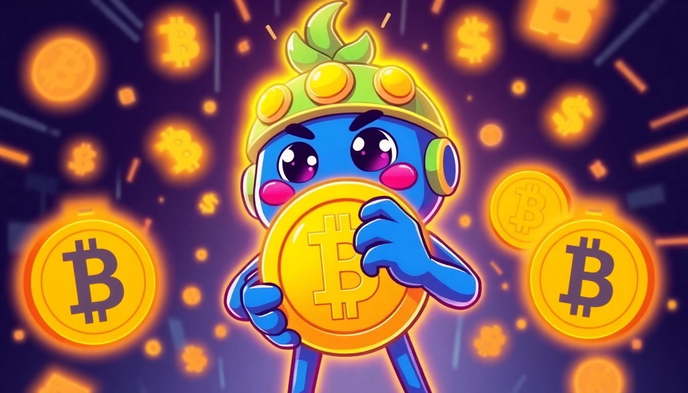 Pepe Coin Meme in lively blockchain scene with owner holding token showing crypto hype and