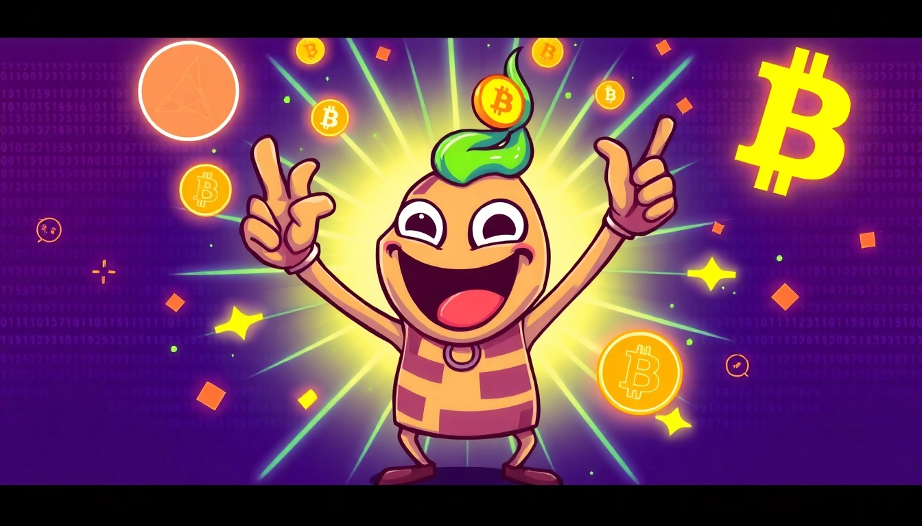 Pepe Coin Meme being celebrated in a lively digital scene with vibrant colors and crypto